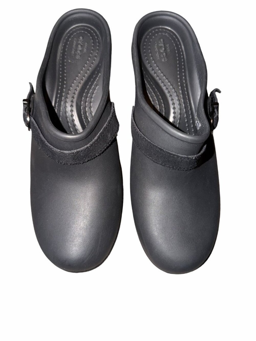 Crocs Dual Comfort Sarah Heeled Mule Clog Black Strap Buckle Womens Size 8 Shoes